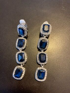 Elegant Navy Blue Crystal Drop Earrings with Pavé Halo